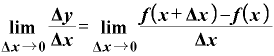 \displaystyle \mathbf{\lim}_{\mathbf{\Delta} \bm{x}\rightarrow \bm{0}}\frac{\mathbf{\Delta} \bm{y}}{\mathbf{\Delta} \bm{x}}=\mathbf{\lim}_{\mathbf{\Delta} \bm{x}\rightarrow \bm{0}}\frac{\bm{f}\bm{(}\bm{x}+\mathbf{\Delta} \bm{x}\bm{)}-\bm{f}\bm{(}\bm{x}\bm{)}}{\mathbf{\Delta} \bm{x}}
